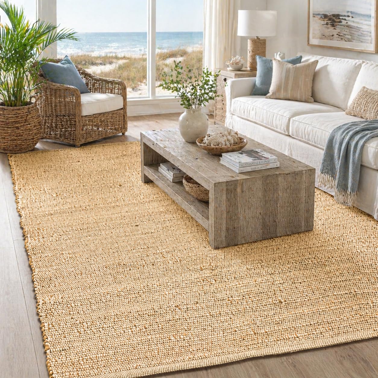 Chardin home 8x10 Jute Cotton Hand Woven Area Rug, Natural Jute Braided Boho Farmhouse Rug, Rustic Vintage Reversible Natural Fiber Rug for Living Room, Bedroom, Dining Room, Office, or Entryway.