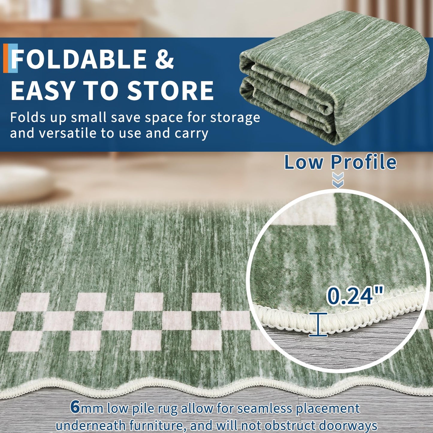 GarveeHome Washable Rug 5x7 for Living Room Large Bedroom Scalloped Rug Non Slip Stain Resistant Modern Border Throw Carpet Soft Boho Rug for Dining Room Nursery Home Office, Green