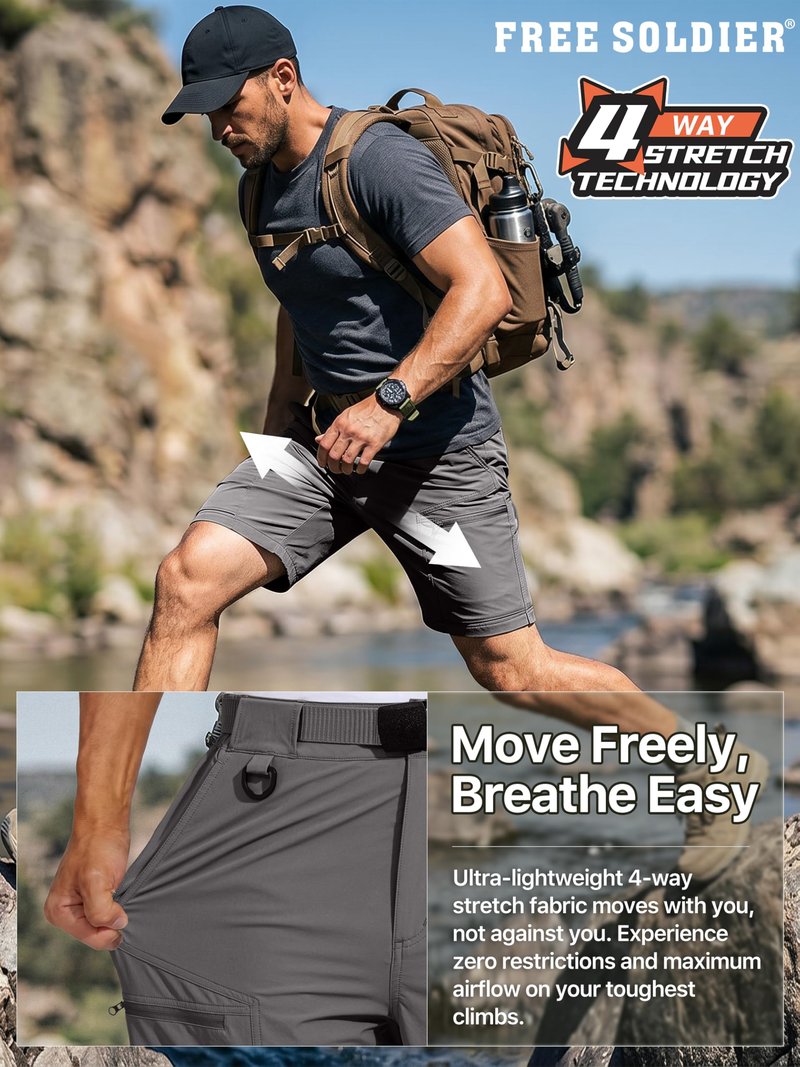 FREE SOLDIER Men's Cargo Hiking Shorts with Belt Lightweight Quick Dry Tactical Shorts with Pockets for Casual Work Golf(Gray,34W x 12L)