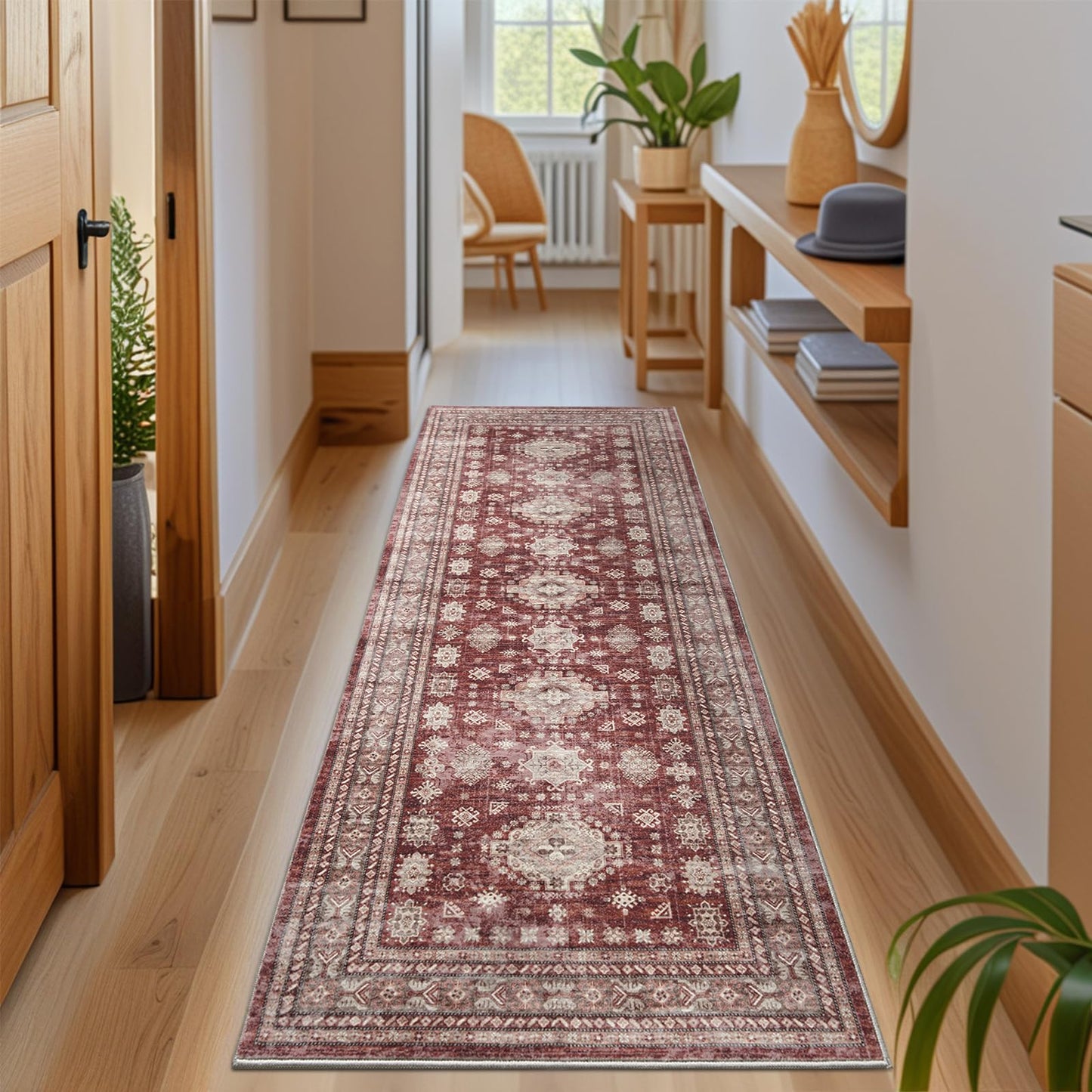 Nestiva 2x6 Runner Rug Non Slip Washable Carpet with Rubber Backing Soft Floral Boho Runner for Hallways, Kitchen, Laundry, Bedroom, Burgundy