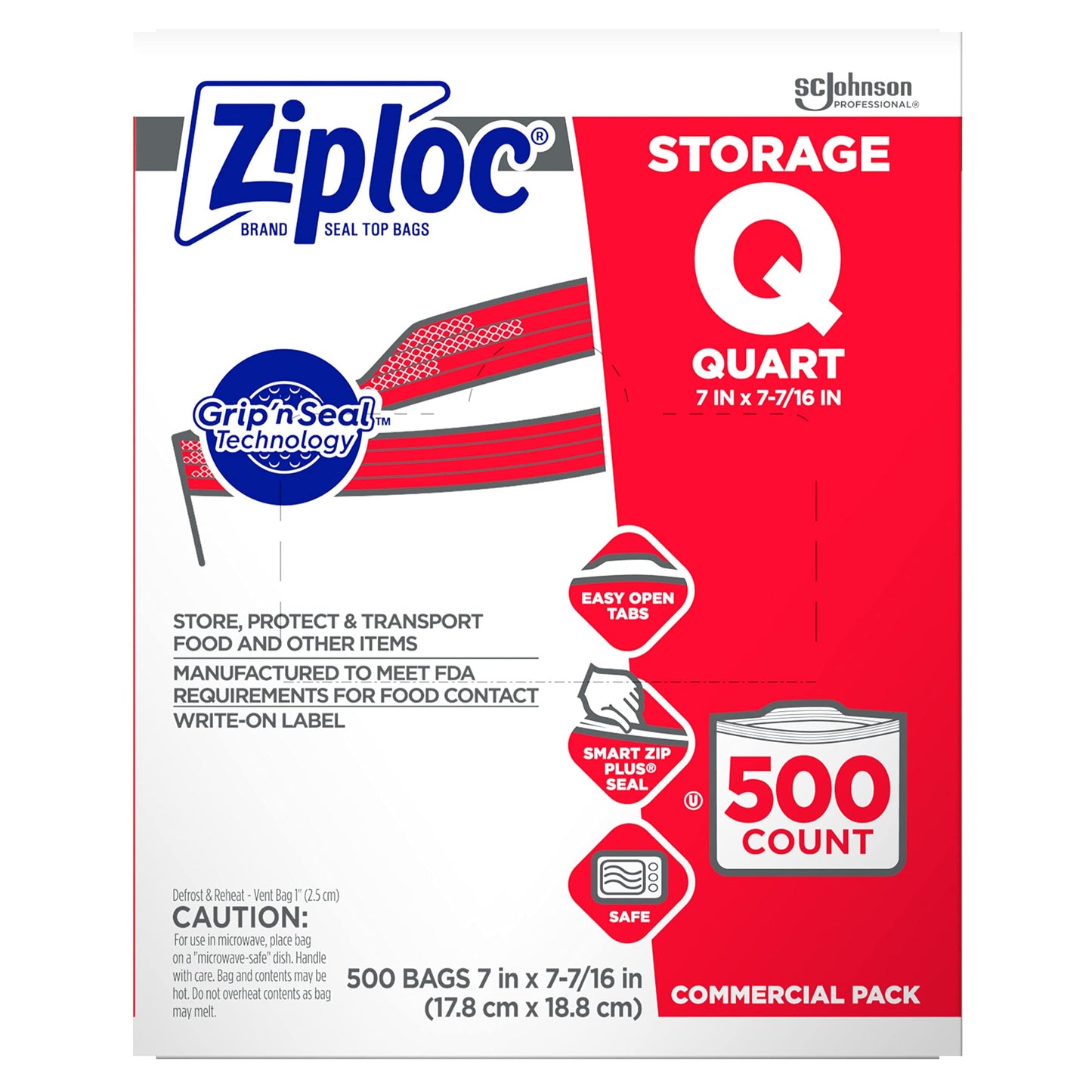 SC Johnson Professional, Ziploc Storage Bags, For Food Organization and Storage, Double Zipper Seal, Easy-Open Tabs Quart, 500 Count