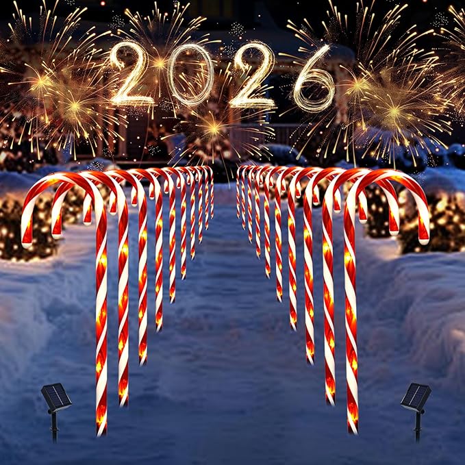 Christmas Decorations, 20 Pcs Christmas Candy Cane Lights, 21'' Solar Pathway Lights with 8 Lighting Modes, Waterproof Garden Lights for Outdoor Christmas Patio Yard Walkway Decorations