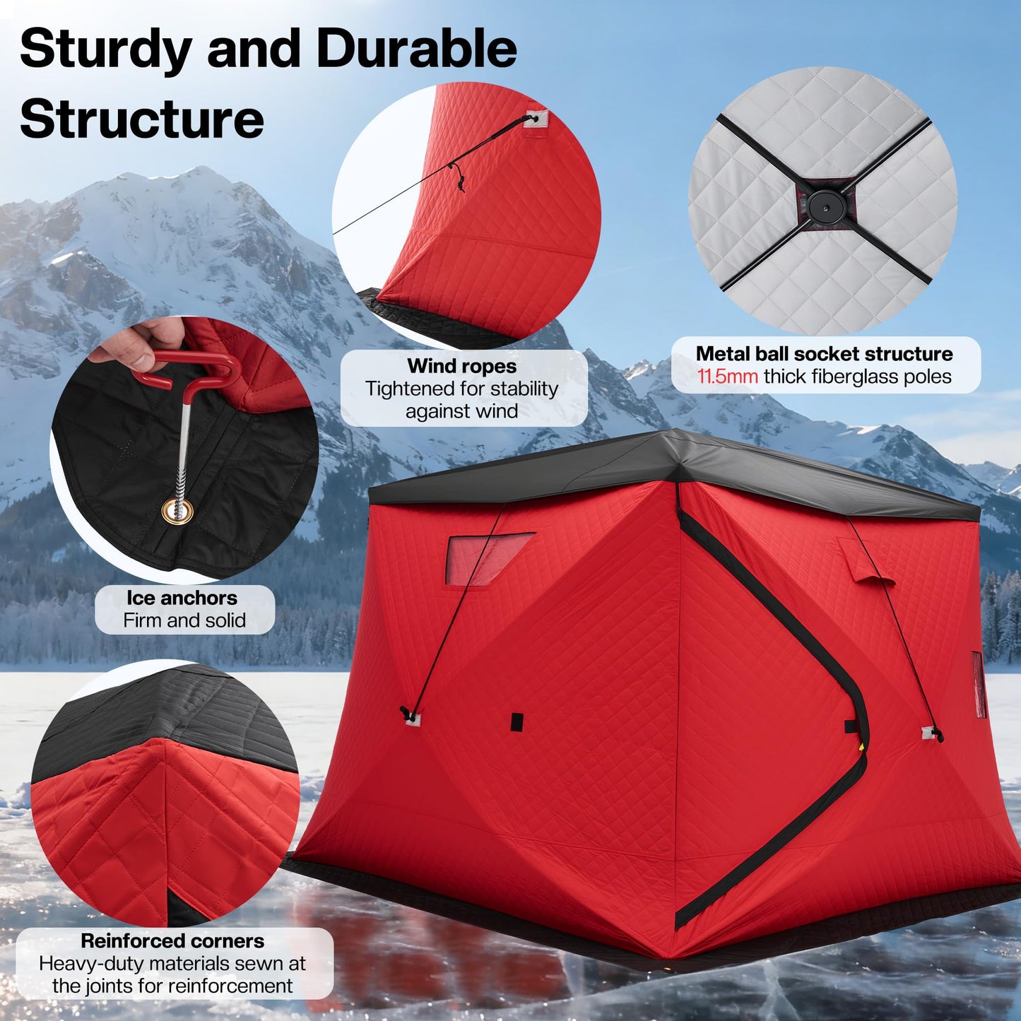 Albott Insulated Pop-Up Ice Fishing Tent, 4–5 Person Ice Shanty with 3-Layer Oxford Fabric, Waterproof Cover, Chimney Vent, Anchors & Ropes, Portable Warm Shelter with Carry Bag