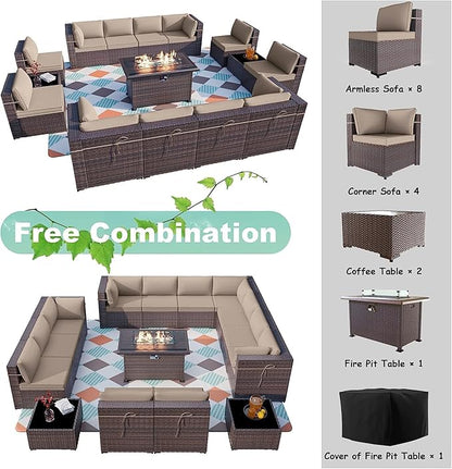 ALAULM 15 Pieces Outdoor Patio Furniture Set with Propane Fire Pit Table Outdoor Sectional Sofas Patio Furniture 43" Gas Fire Pit Brown PE Rattan Patio Conversation Set w/12 Cushions-Sand