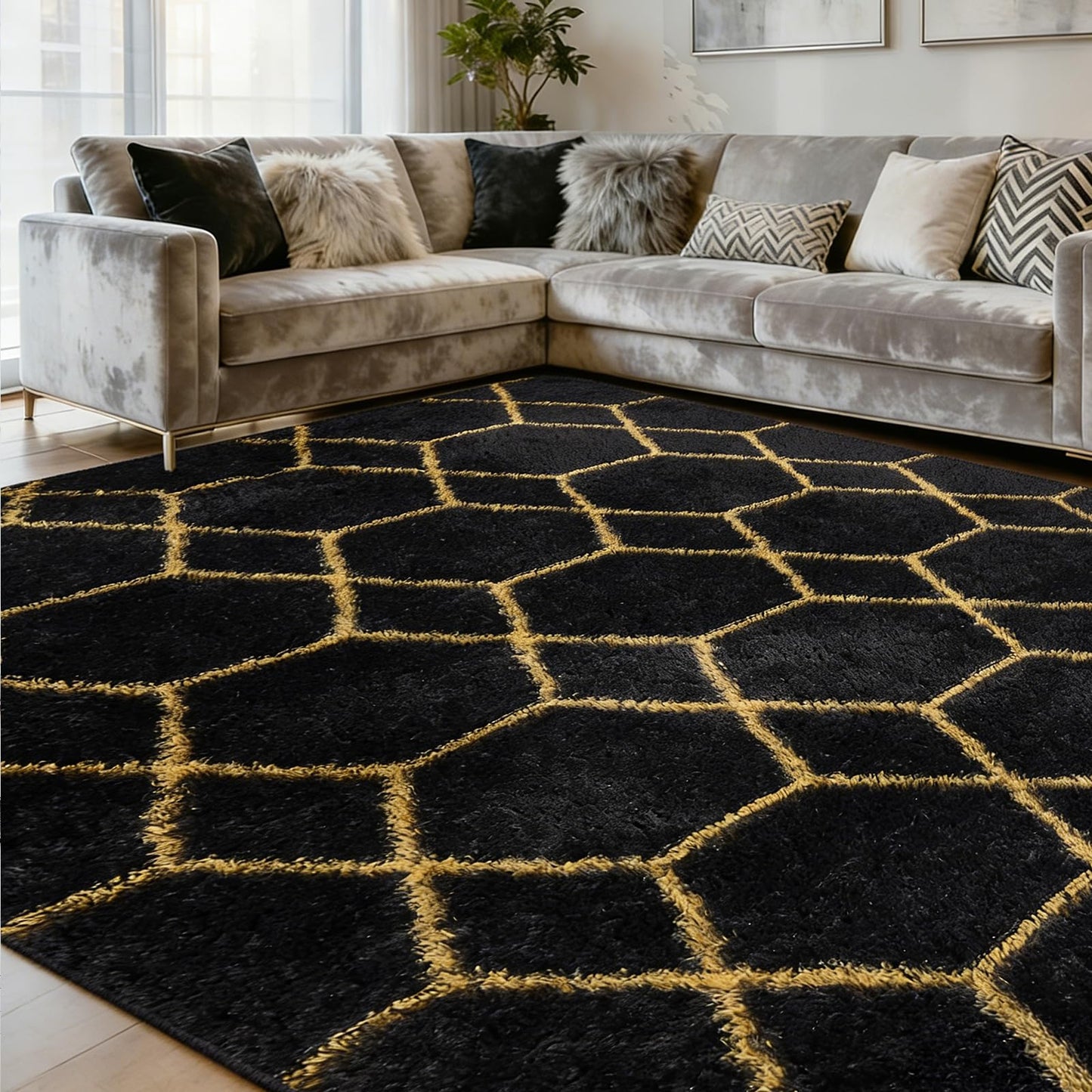5x7 FT Soft Rug for Living Room, Geometric Shag Soft Area Rug, Classic Rug Anti-Skid High Pile Fluffy Carpet for Kids Room Nursery, Dorm Home Decor