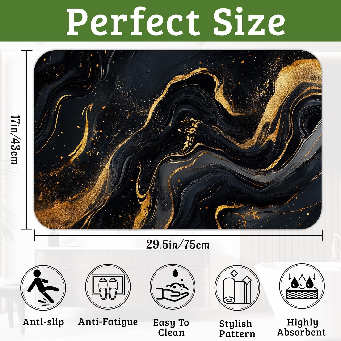 NSMNSM Black Gold Marble Bathroom Rugs Mat Non Slip Washable Quick Dry Absorbent Thin Bathroom Rug-Bath Mats for Bathtub, Sink, Shower Room, Christmas Decorations,17"x 29.5"