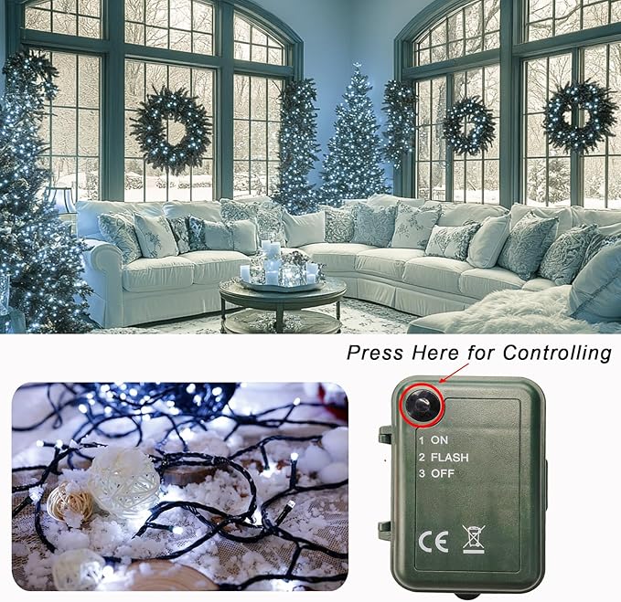 Cool White String Lights Battery Powered, 2 Pack Total 66.6 FT 200 LED Christmas String Lights Indoor Outdoor Decoration, Twinkle Fairy Light for Party Xmas Tree Halloween Classroom Decor