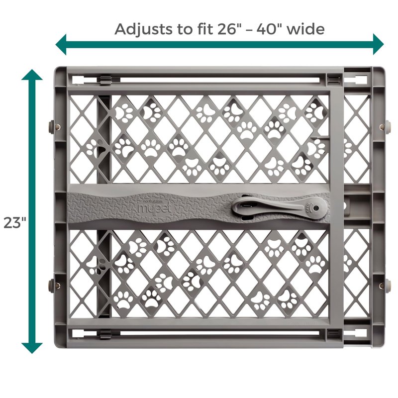 MYPET Paws Portable Pet Gate: 26-40" Wide Expandable, Pressure Mounted No Tools Needed, Durable Dog Gate for Doorways, Made in USA, 23" Tall, Fieldstone Gray