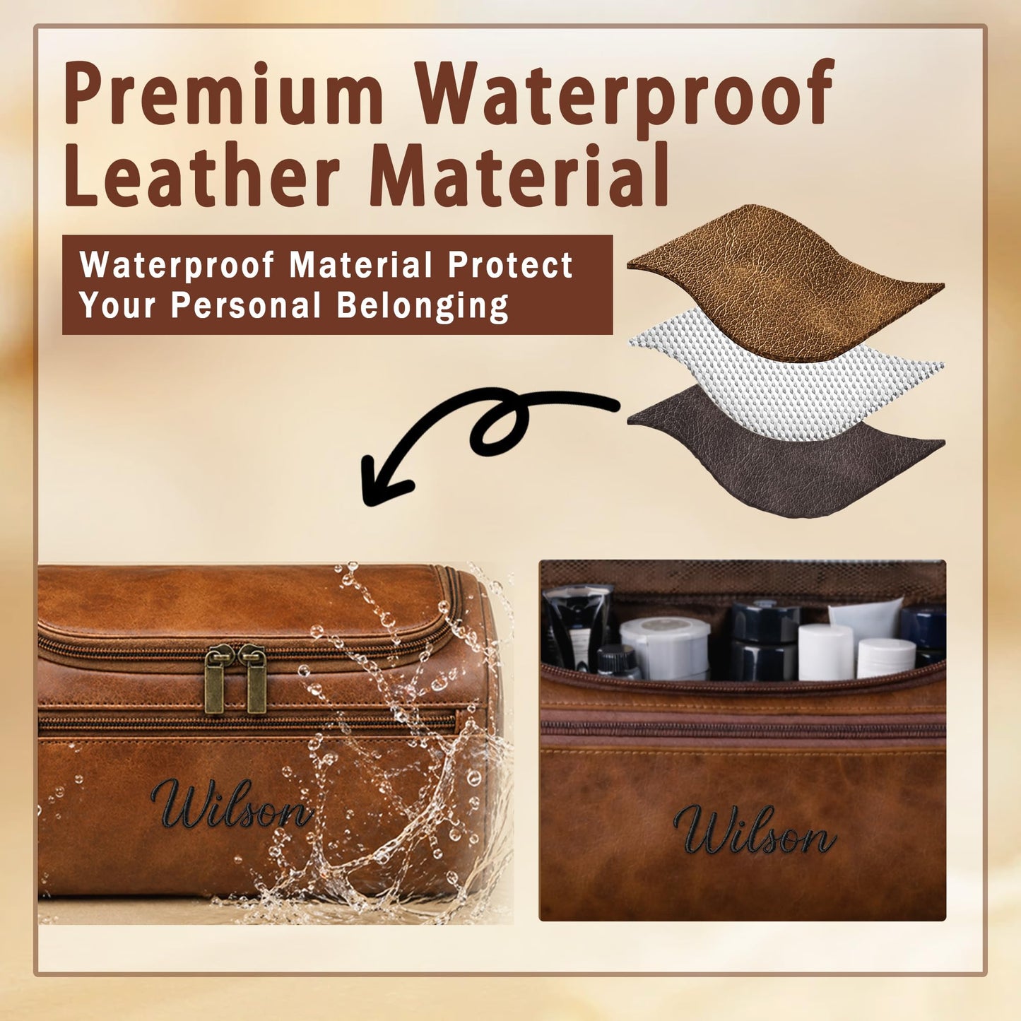 Personalized Toiletry Bag for Dad, Custom Embroidery with Name Letter PU Leather Waterproof Toiletry Organizer Dopp Kit Travel Essential for Dad Husband Grandpa Father's Day Anniversary(Dark Brown)