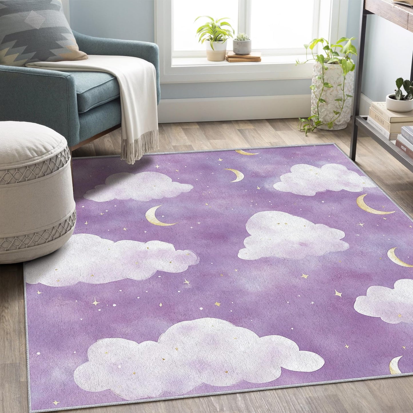 Vzdrahelia Purple Cloud Throw Rug 2x3,Moon Star Area Rug Washable,Kids Girls Rugs for Entryway, Bedroom,Cloud Pattern Indoor Door Mat Home Decor, Non Slip