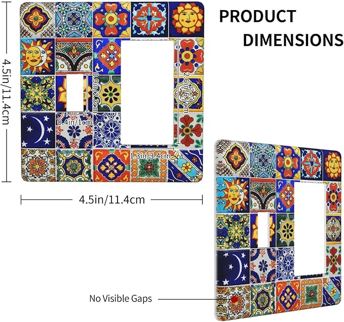 Traditional Colorful Talavera Mexican Spanish Moroccan Tiles 2 Gang Combination Light Switch Cover Decorative Toggle Rocker/Decora Wall Plate Electrical Faceplate for Bathroom Kitchen Home Decor