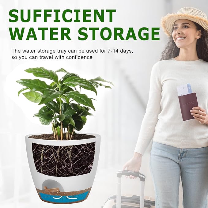 Plant Pots 10/9/8/7.5/7 Inch Self Watering Pots, Set of 5 Plastic Planters with Drainage Holes and Saucers,Plastic Flower Pots,Nursery Planting Pot for Indoor Out Door Plants（White）