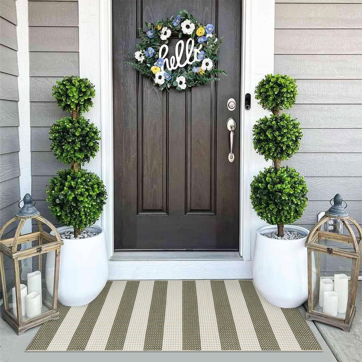 OJIA Striped Rug 24"x51" Washable Front Door Mat Outdoor Doormat Woven Entry Rug Cotton Indoor Outdoor Rug Small Checkered Rugs for Porch Kitchen Entryway Patio Bathroom (Green/White/Tan)