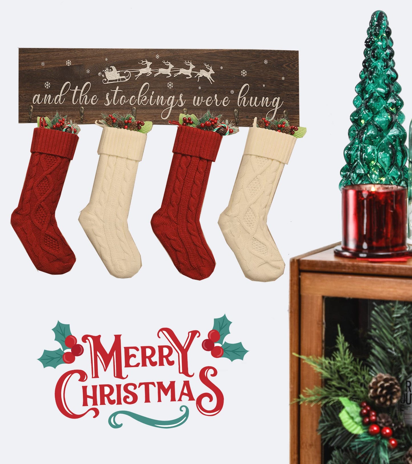KORMMCO Christmas Stocking Holder, The Stocking were Hung Wood Hanging Sign, Stocking Holder for Wall, Xmas Stocking Holder with 6 Hangers for Fireplace Mantel, 24 inch,Brown,