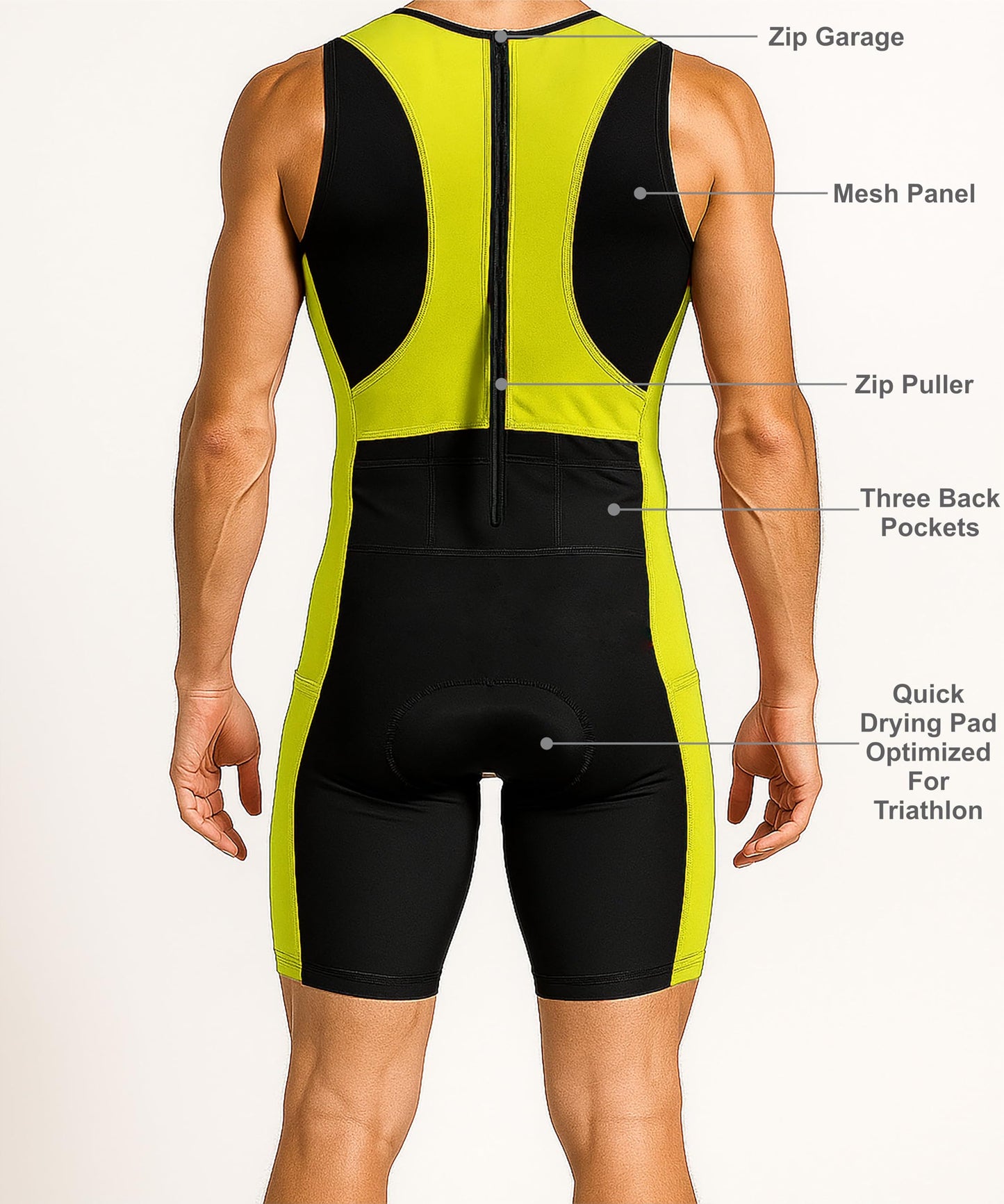 Wixen Men’s Triathlon Suit – Padded One-Piece Sleeveless Trisuit with Rear Zipper for Running, Swimming, Cycling – Neon Green-2XL