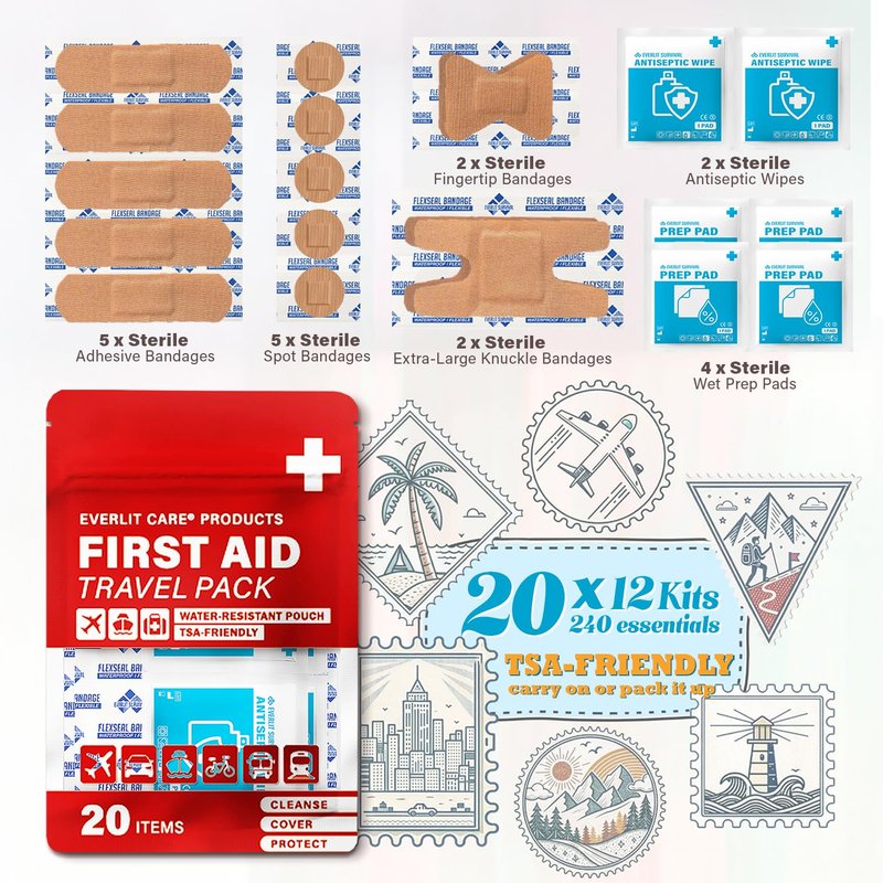 EVERLIT CARE Travel Bandage Pack | 12 Individual Packets, Bulk Portable Mini First Aid Kit with 20 On-the-Go Essentials | Compact Water-Resistant Reusable Pouch to Clean, Cover & Protect