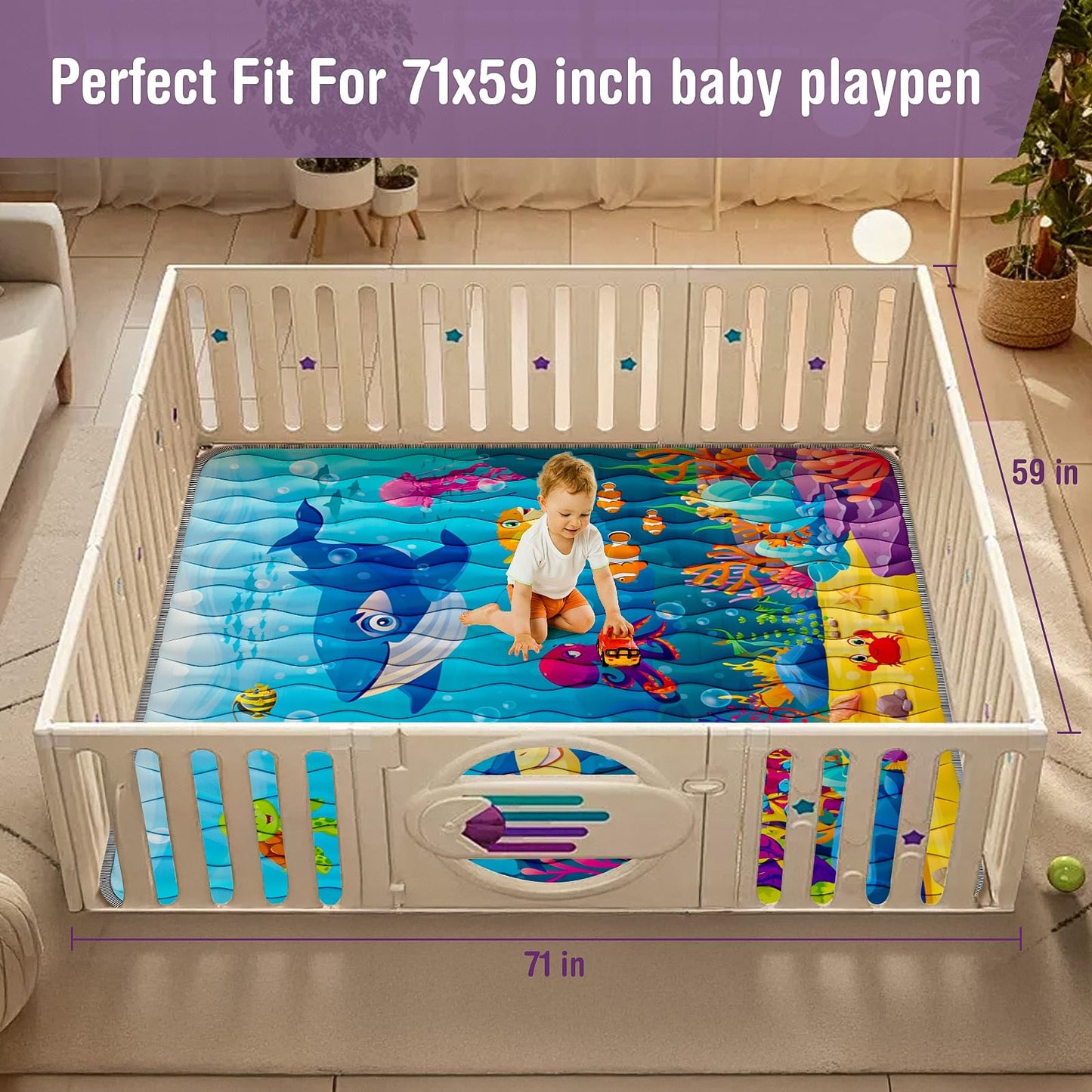 Baby Play Mat, 71"x59" Soft Thicker Playpen Mat, Non-Slip Baby Play Mat for Floor, Portable & Waterproof, Machine Washable Crawling Play Mat for Babies,Toddlers and Infants to Play and Learn,Sea World