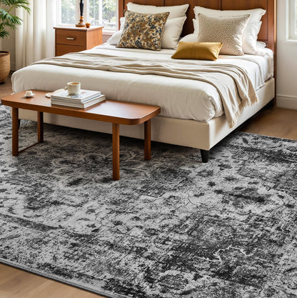 YOH Boho Washable Rug 8x10, Black Vintage Non Slip Area Rug, Distressed Indoor Carpet for Living Room Bedroom Kitchen Office
