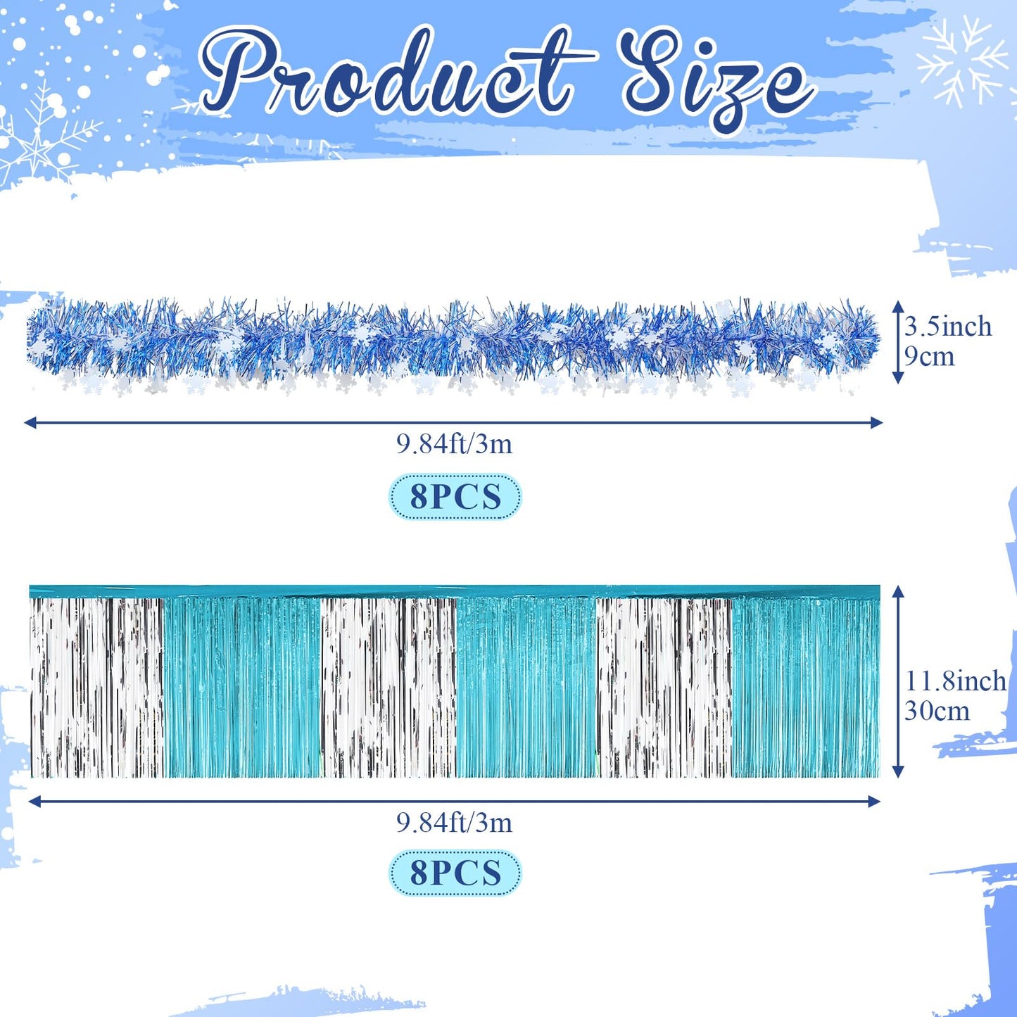 Crowye Christmas Parade Float Decorations Kit Included 9.85 feet Metallic Foil Fringe Curtains 9.85 ft Tinsel Garlands for Christmas Trailer Party Holiday(Blue, Silver,157.48 ft,Snowflake)
