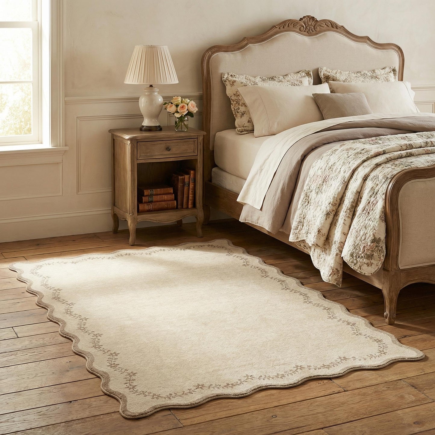 GarveeHome 3x5 Scalloped Washable Area Rug for Bedroom,Soft Solid Jute Entryway Rug Farmhouse Kitchen Mat Non Slip Low Pile Carpet Stain Resistant Throw Rug for Bedside Kids Room Office