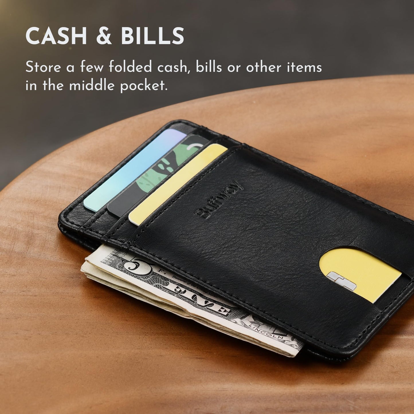 Buffway Mens Slim Wallet, Minimalist Thin Front Pocket Leather Credit Card Holder with RFID Blocking for Work Travel - Slate Black
