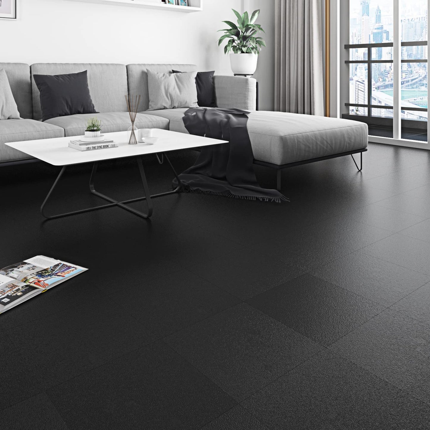 Livelynine Matte Black Peel and Stick Floor Tile Bathroom Floor Tiles Waterproof Stick on Tiles for Kitchen Basement Vinyl Flooring Sticky Laminate Flooring Stickers Garage Non Slip 4-Sheet 12x12