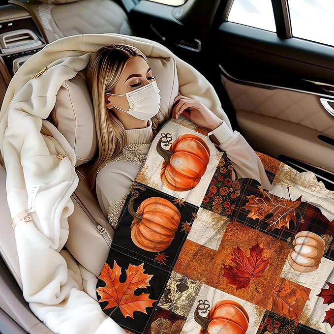 Blanket Thanksgiving Lightweight Soft Throw Blanket for Girls Teens Women, Plaid Pumpkin Fall Fuzzy Blanket Home Room Decor 50x60 Inches