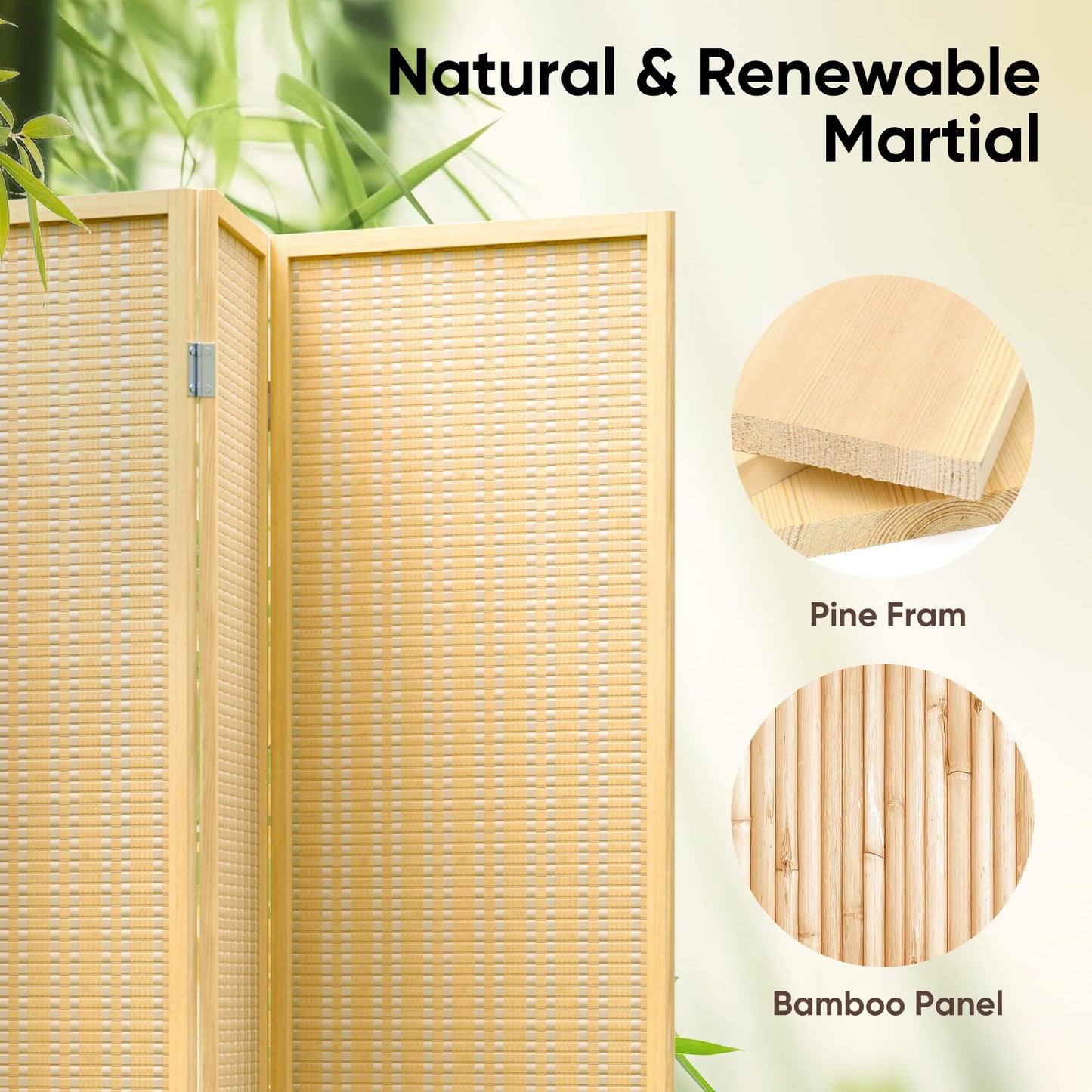JOSTYLE Room Divider 4 Panel Folding Privacy Screen, Bamboo Room Divider Screen - 6 ft. Tall Wall Divider for Room Separation Freestanding Partition Separators, Beige, 70.9" H x 79.9" W