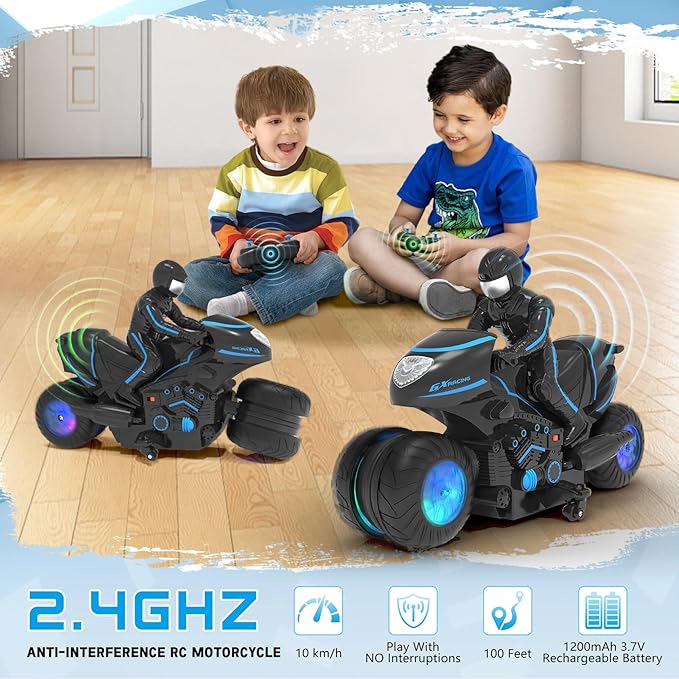 RC Motorcycle Remote Control Motorcycle with RGB Wheels Lights - 360-degree Rotations Drifts High-Speed RC Car Dirt Bike Toy for Boys 4-7 8-12 Years Kids