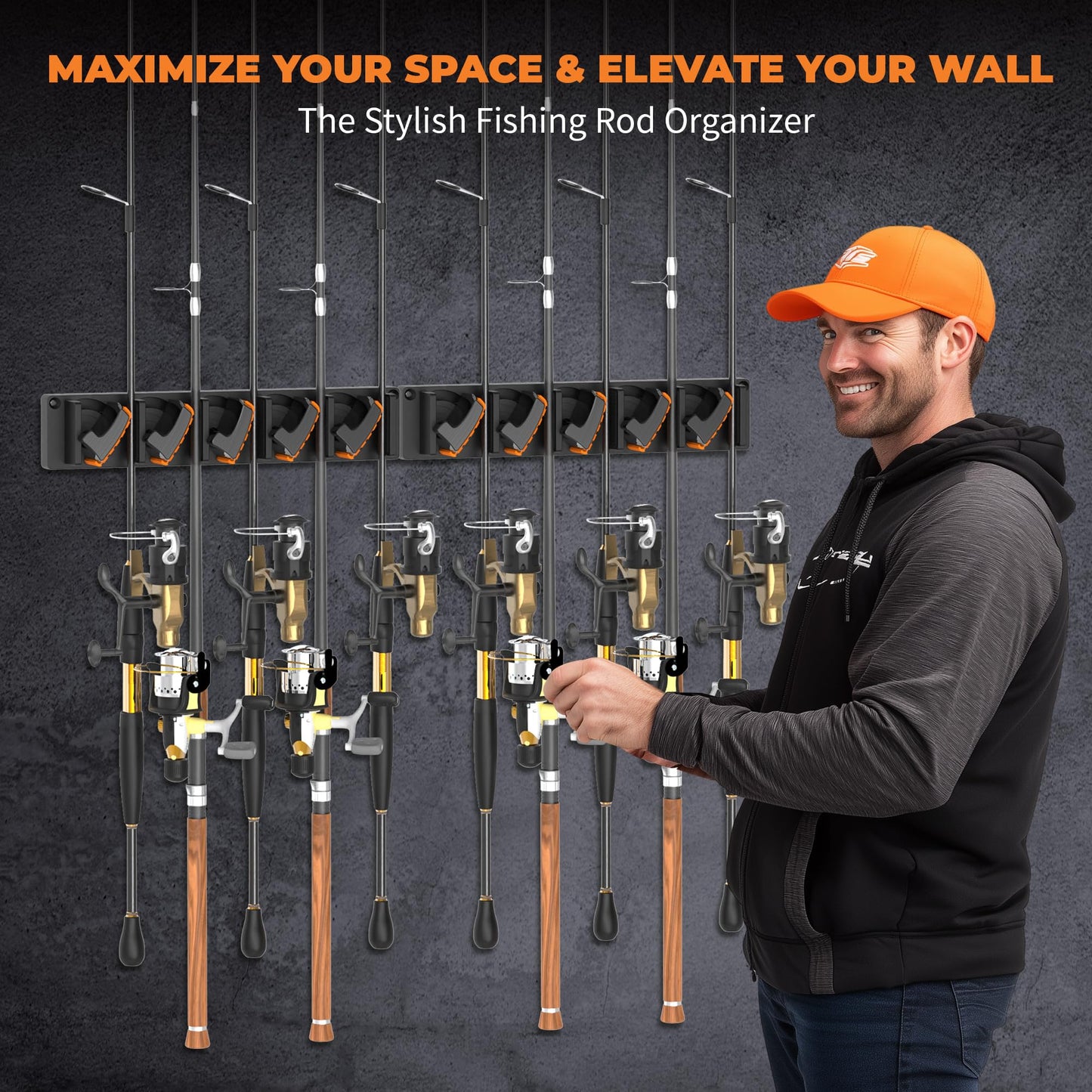Fishing Rod Holder for Garage Wall, Vertical Fishing Pole Rack with TPE Soft Pads Each Holds Up to 5 Rods 0.1"-0.75" – Wall Mounted Fishing Rod Storage Organizer,Gifts for Men – 2 PACK (Holds 10 Rods)