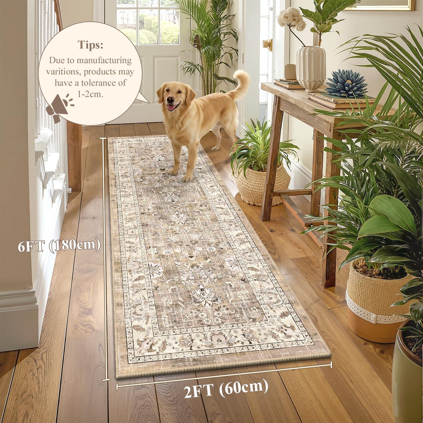 LOKHOM Washable Runner Rug, 2x6 Non-Slip Vintage Hallway Runner Rug with Rubber Backing, Boho Floral Soft Faux Wool Kitchen Rug Carpet Runner for Kitchen Laundry Entryway Bedroom (Beige Brown)