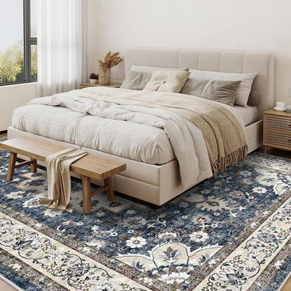 Washable Living Room Area Rug - 9 x 12 Stain Resistant Medallion Soft Bedroom Rugs Distressed Design Non Shedding Floor Carpet Durable Easy-Clean Low Pile Rug Comfortable Home Decor (9x12 Blue)