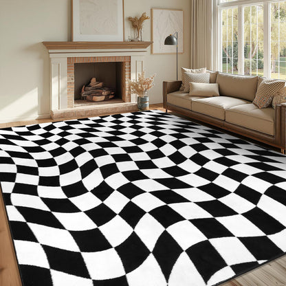 Yamaziot 8x10 Large Checkered Area Rug, Non-Slip Soft Washable Living Room Rug with Rubber Backing, Low Pile Rug Floor Carpet for Dinning Room, Bedroom, Black