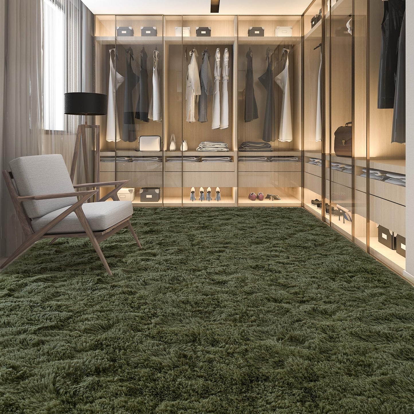 Rtizon Shag Area Rug for Bedroom, 5x8 Feet Fluffy Rugs for Living Room, Plush Carpet with Non-Slip Bottom for Office Girls Boy's Bed Bedside Nursery Room, Olive Green