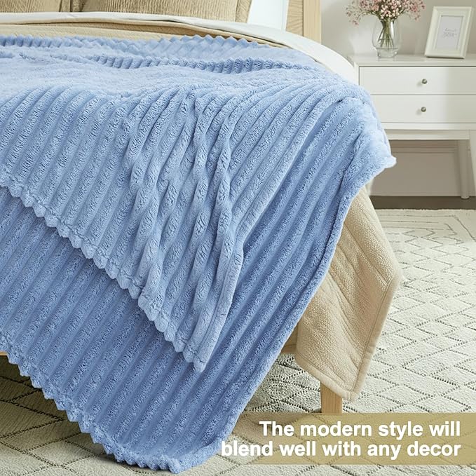 decorUhome Soft Fleece Blue Grey Twin Blanket for Bed, Cozy Fluffy Plush Flannel Striped Throws for Couch Sofa, Lightweight Decorative Ribbed Fuzzy Blanket for Woman, 60x80 Inches