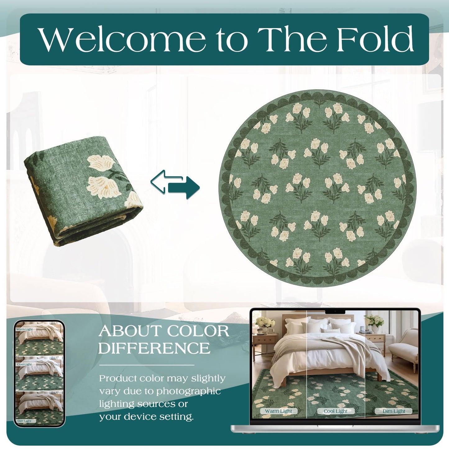 Othilic Sage Green 6ft Round Area Rug for Living Room - Large Washable Floral Boho Farmhouse Scalloped Circle Rug for Bedroom Stain Resistant Dining Room Rugs for Under Table Soft Non-Slip Nursery Rug