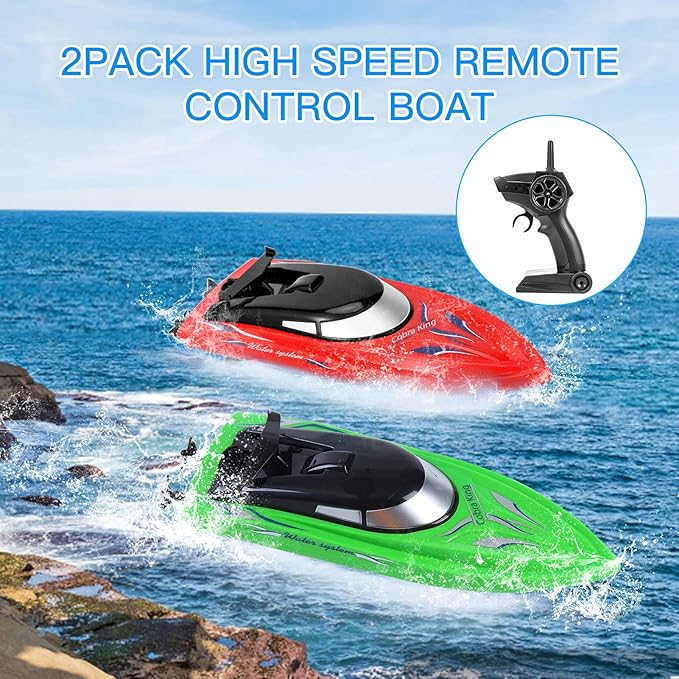 Lumiparty 2PACK RC BoatRemote Control Boats for Kids and Adults10km/H 2.4G High Speed Remote Control BoatFast RC Boats for Pools and Lakes with 4 Rechargeable Battery.(Red+Green)