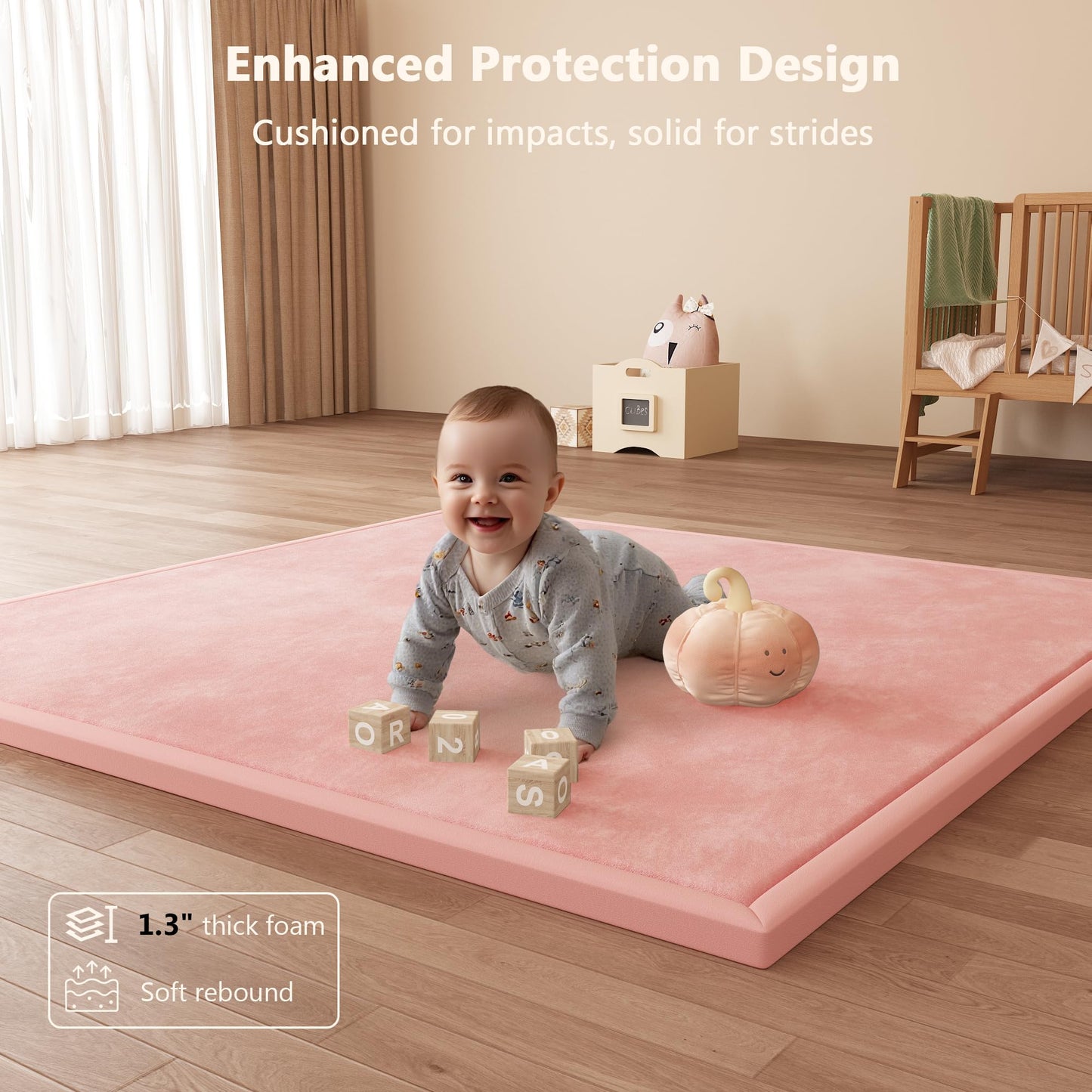 Baby Play Mat for Floor, 1.3'' Thick Memory Foam Tummy Time Mat - Super Soft Coral Velvet Nursery Rug with Non-Slip Backing, Crawling Rug for Toddlers/Infants, Yoga & Tatami Use, Light Pink, 50''x50''