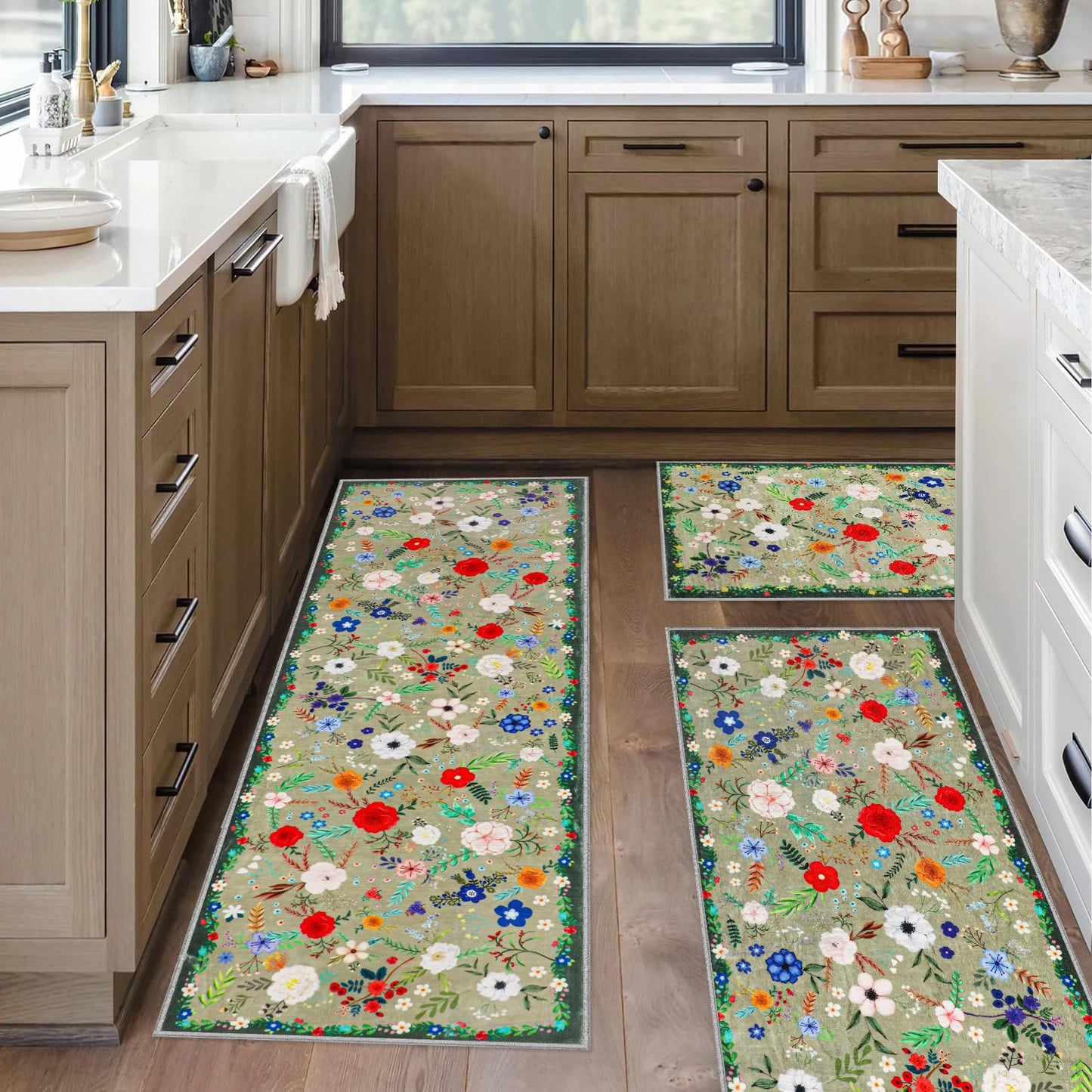 PCSWEET HOME Floral Kitchen Rugs Sets of 3 Non Slip Kitchen Rugs and Mats Washable Farmhouse Kitchen Rugs Spring Floral Kitchen Floor Mat Carpet Runner Rugs for Hallway Laundry Room, Green