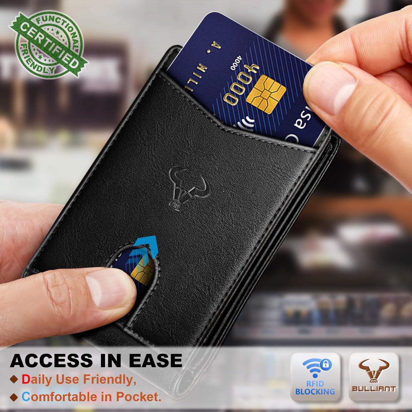 BULLIANT Men Wallet, Slim Leather Wallet Front Pocket Card Holder Gift For Men 11 Slots RFID Blocking