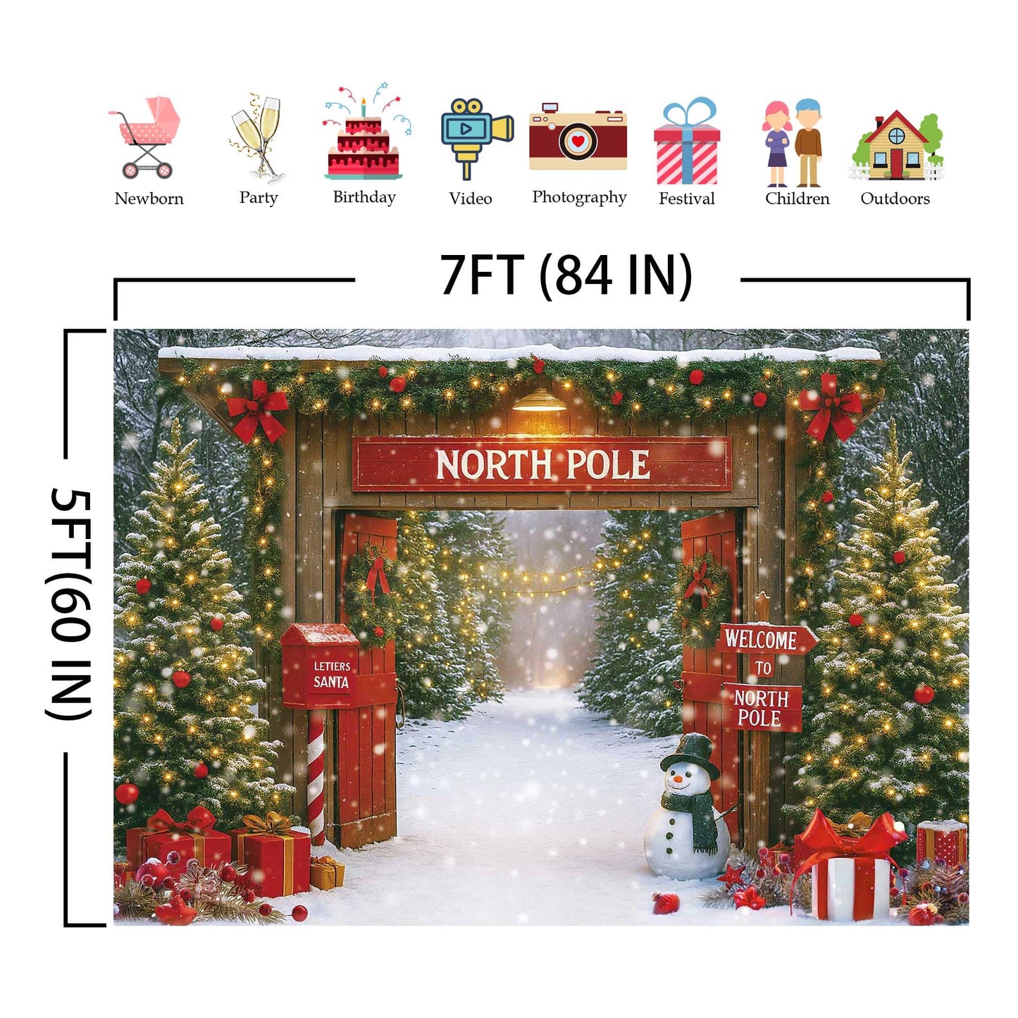 Fluzimir Christmas Photography Backdrop 7x5ft – Rustic Snowy Forest Barn Door with Xmas Tree, North Pole Winter Scene Fabric Photo Background for Family Party, Baby Holiday Photos
