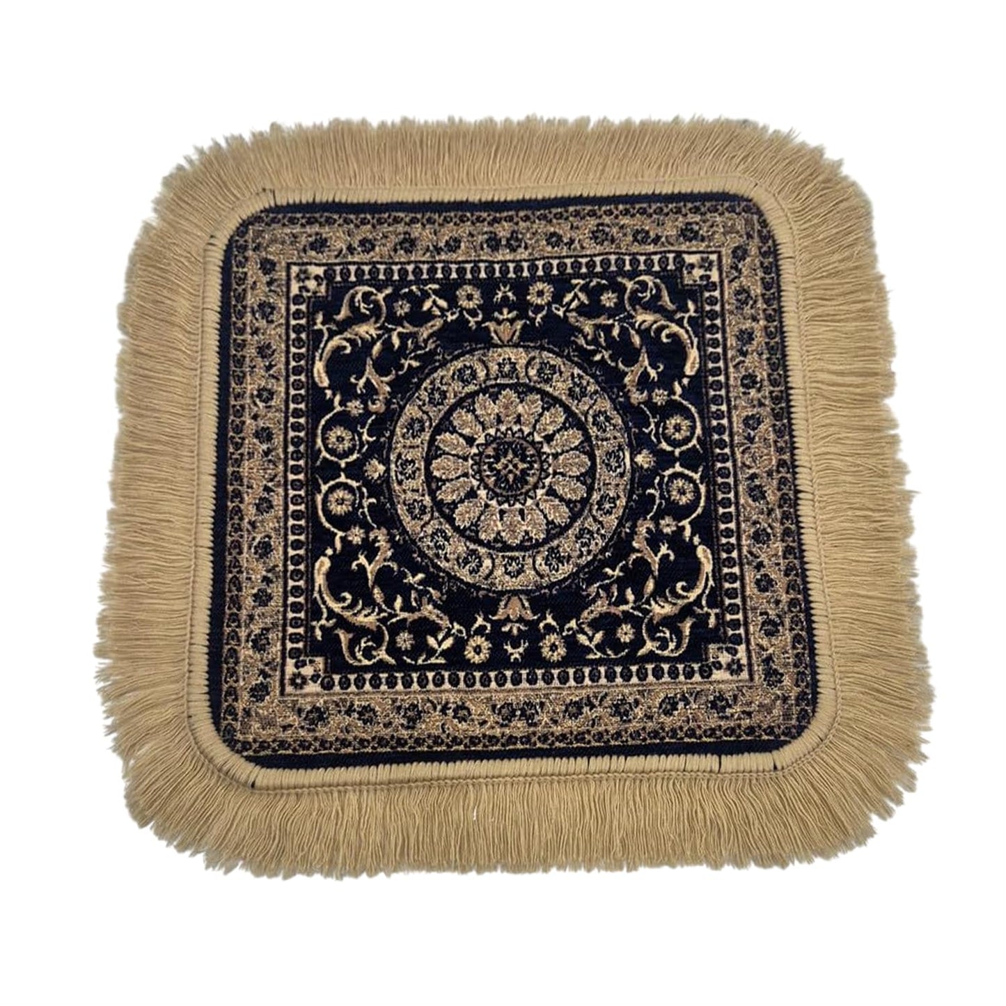 Moin Carpets Soft Chenille Prayer Mat | 1.5x1.5 Feet Traditional Mandala Floral Pooja Aasan with Golden Fringes | Multipurpose Rug for Meditation, Yoga, Puja Room & Home (Pack of 2, Navy Blue)