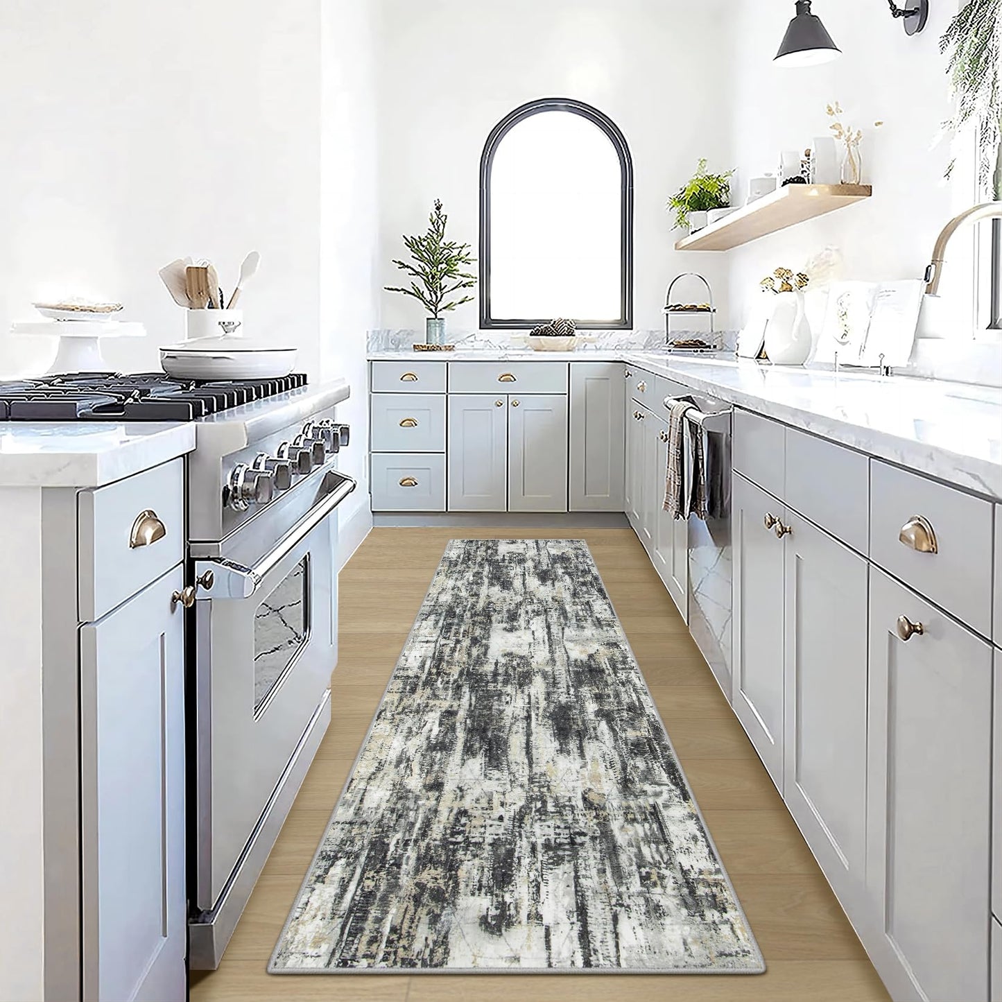 2'6''x8' Runner Rugs Washable Rug: Modern Abstract Hallway Runner Rug Indoor Soft Low Pile Thin Carpet Anti-Skid Non-Shedding Carpets for Kitchen, Entryway, Laundry, Bedroom - Black Grey Gold