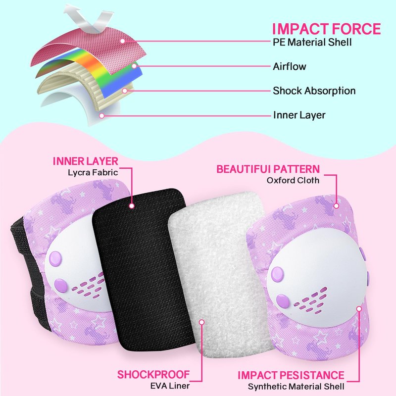 AuSletie Knee Pads for Kids Girls Protective Gear Set Adjustable Knee Pads and Elbow Pads Set with Wrist Guard for Girls Kids Toddler Roller Skates Bike Cycling Skateboard Scooter (Purple Unicorn)