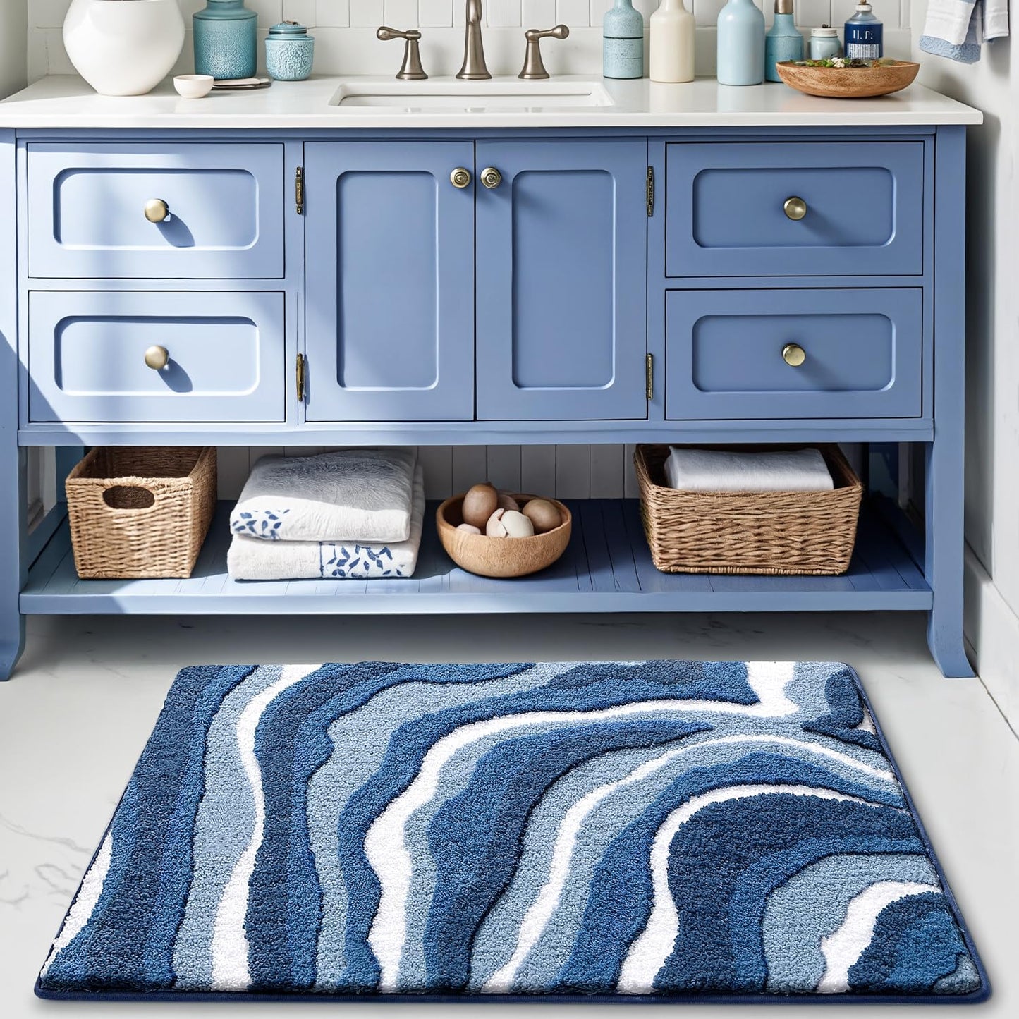 LUMI Absorbent Bathroom Rug Non Slip Rubber Backing, Machine Washable Wave Bath Mat Soft Premium Microfiber, Beach Bath Rugs Quick Dry for Bathtub and Shower Floor, 16"x24"