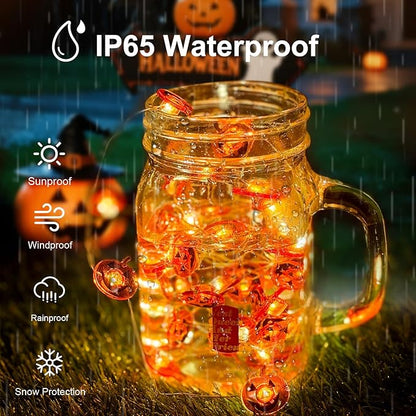 Halloween Pumpkin String Lights, 16 ft 50 LED Orange Battery Operated Lights for Lawns Garden Outdoor Holiday Party Decorations (1 Pack)