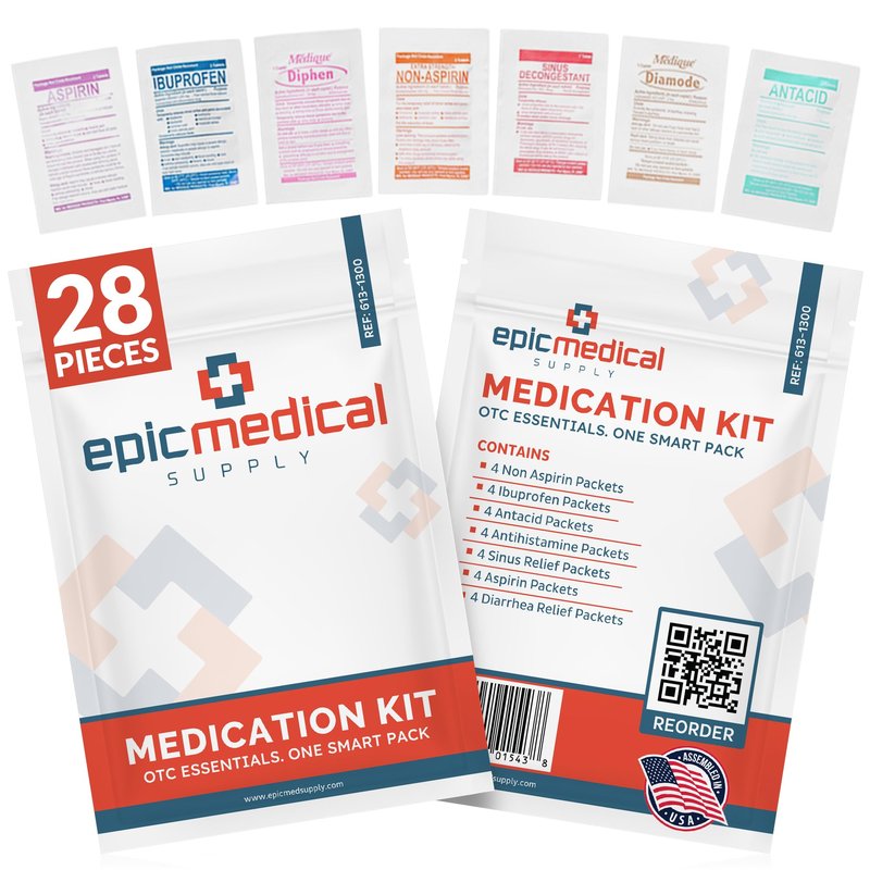 Epic Medical Supply First Aid Kit Medication Refill – 43-Count Unit Dose Packets - Alcohol Pads & Bandages – Emergency Medicine Kit Pills - 1st Aid Kit Refill, Travel, Camping – Assembled in USA