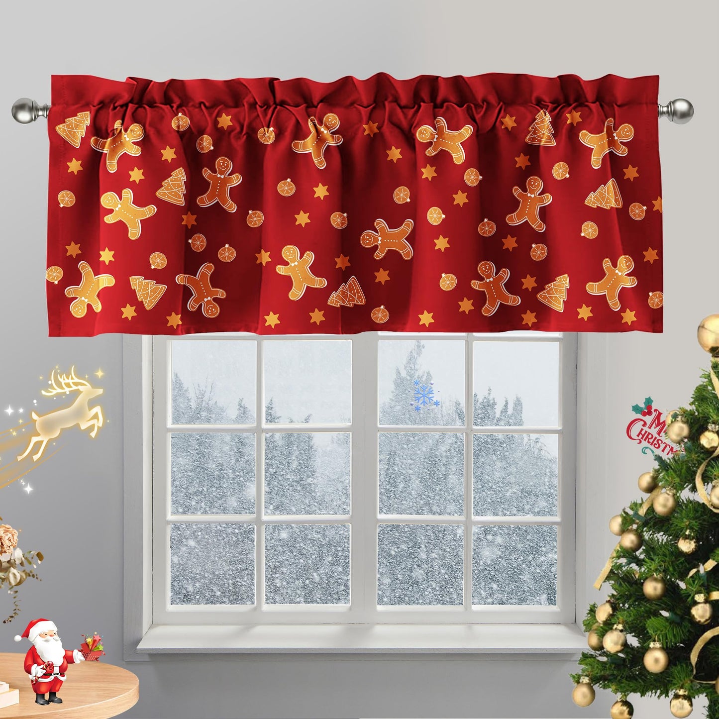 SUNWISHA Christmas Curtain Valances Set 52x18'' - Lively Gingerbread Men/Trees/Stars - Holiday Inspired Character Decor - Rod Pocket Kitchen/Bathroom/Laundry Winter Valances Red