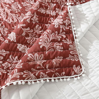 Ultra Soft Pre-Washed Quilted Throw Blanket, Floral Printed Pompom Fringed Dark Terracotta Decorative Throws, Chic Rustic Blanket for Sofa Couch Bed Chair, 50"x 60"