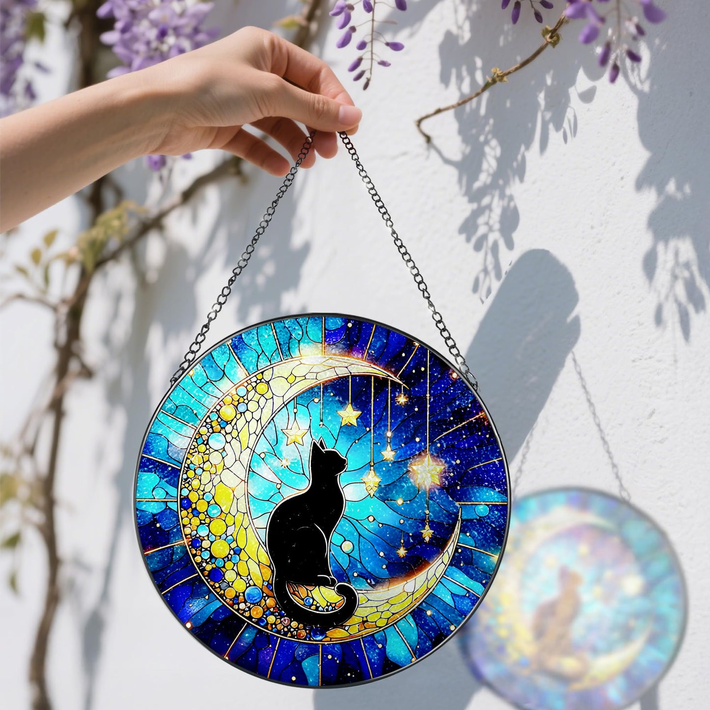 8 Inch Stained Glass Suncatcher Ornament, DOUHASU Black Cat Sun Catchers Indoor Window, Stained Glass Window Hanging, Indoor Decor, Home Decor Gift, Gifts for Cat Lovers, Pet Lover Gift